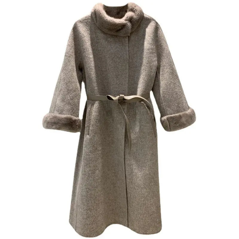 Mink Fur Lace Up Slim Fit Wool Overcoat null
