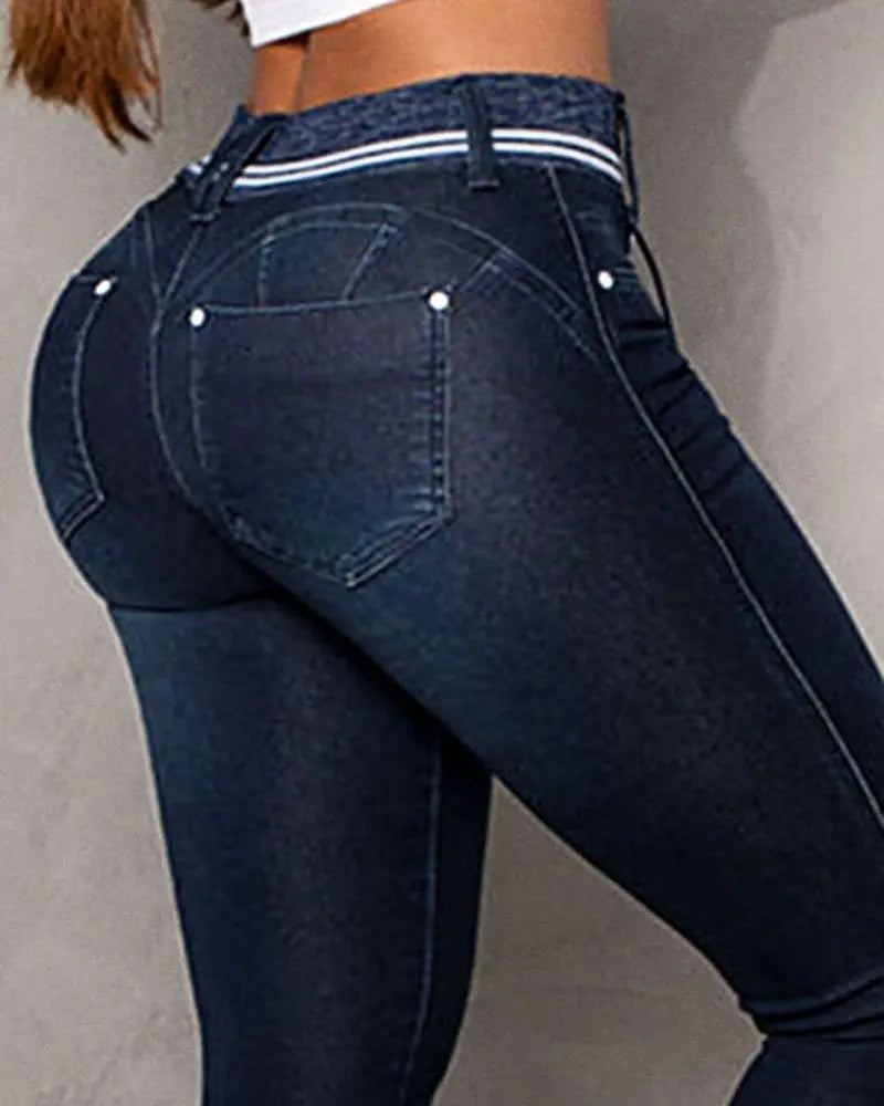 Striped Stitching Drawstring Tight Hip Raise Skinny Denim Ankle-length Pants Nipaaj