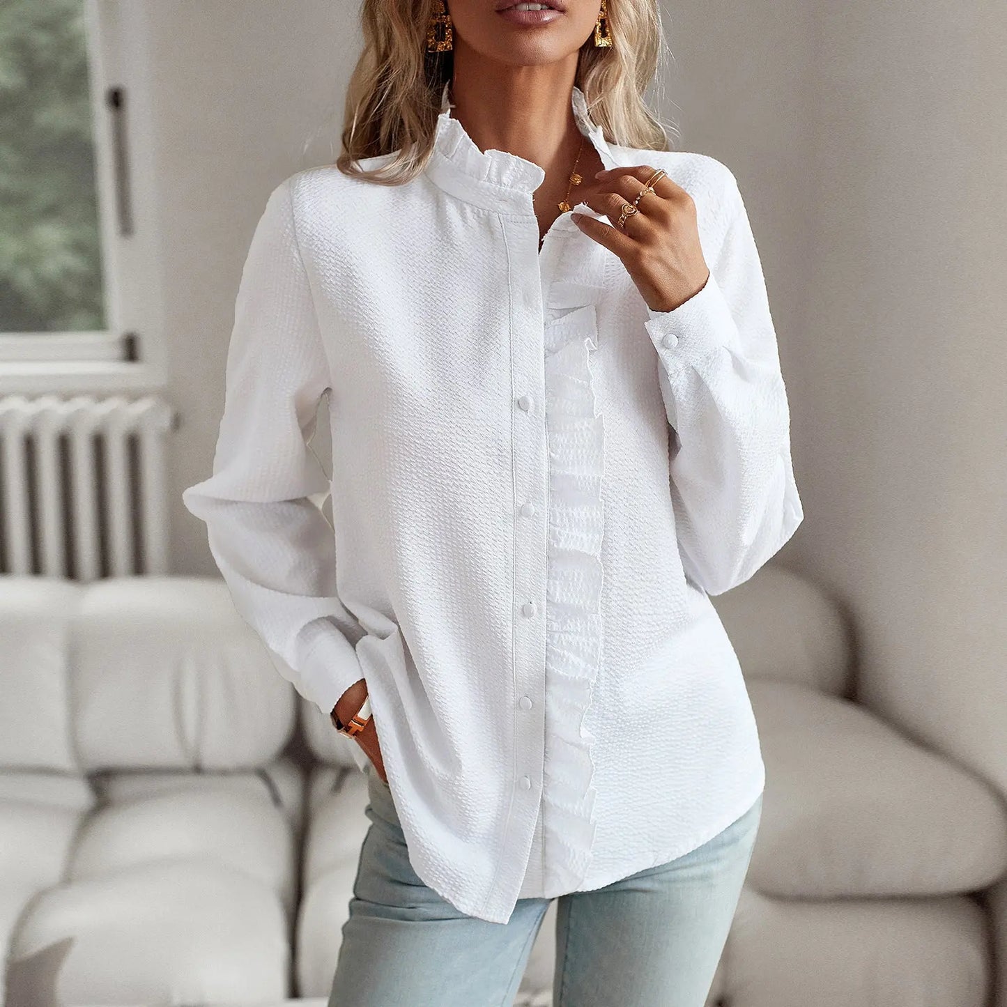 Striped Long Sleeve Shirt Fashion Ruffle Design Button Up Tops Casual Office Blouse Elegant Commuting Women's Clothing null