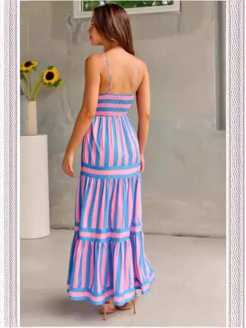 Summer Striped Printed Suspender Long Dress With Pockets Fashion Square Neck Backless Dresses For Beach Vacation Women Clothing null