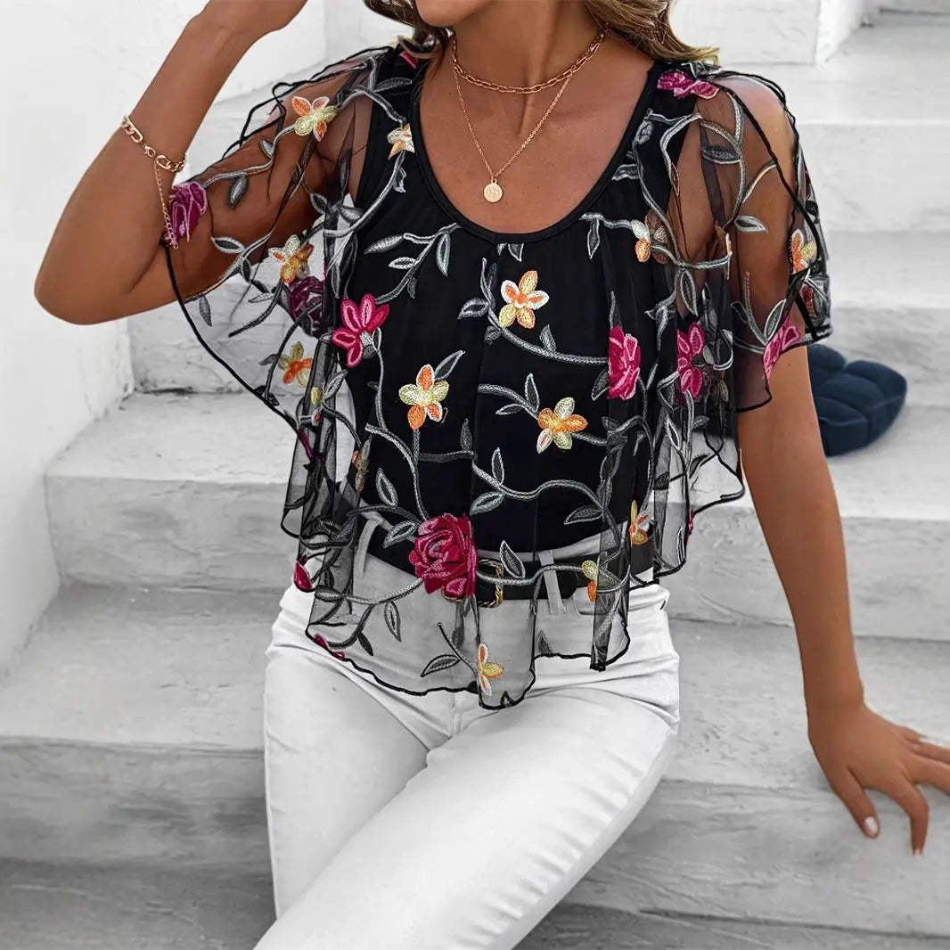 Women's Fashion Top Mesh Stitching Short Sleeve null