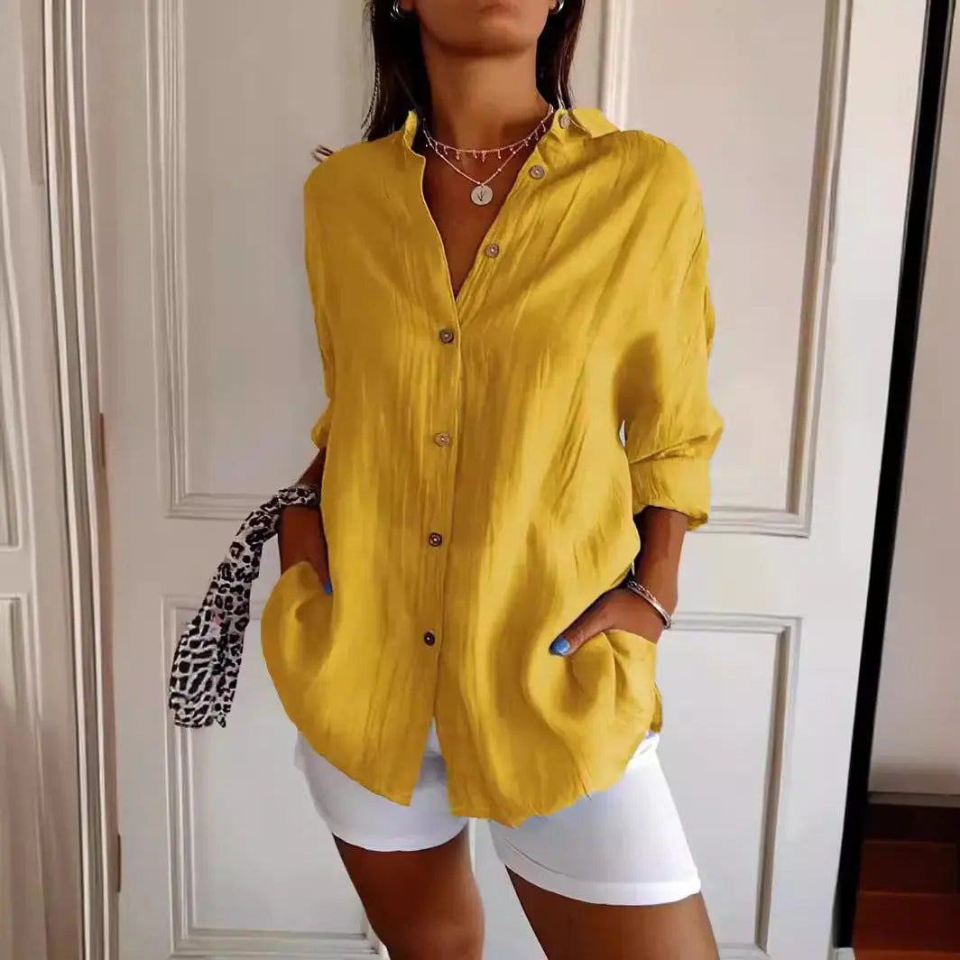 Lapel Long Sleeve Shirt Women's Single-breasted Pleated Shirt null