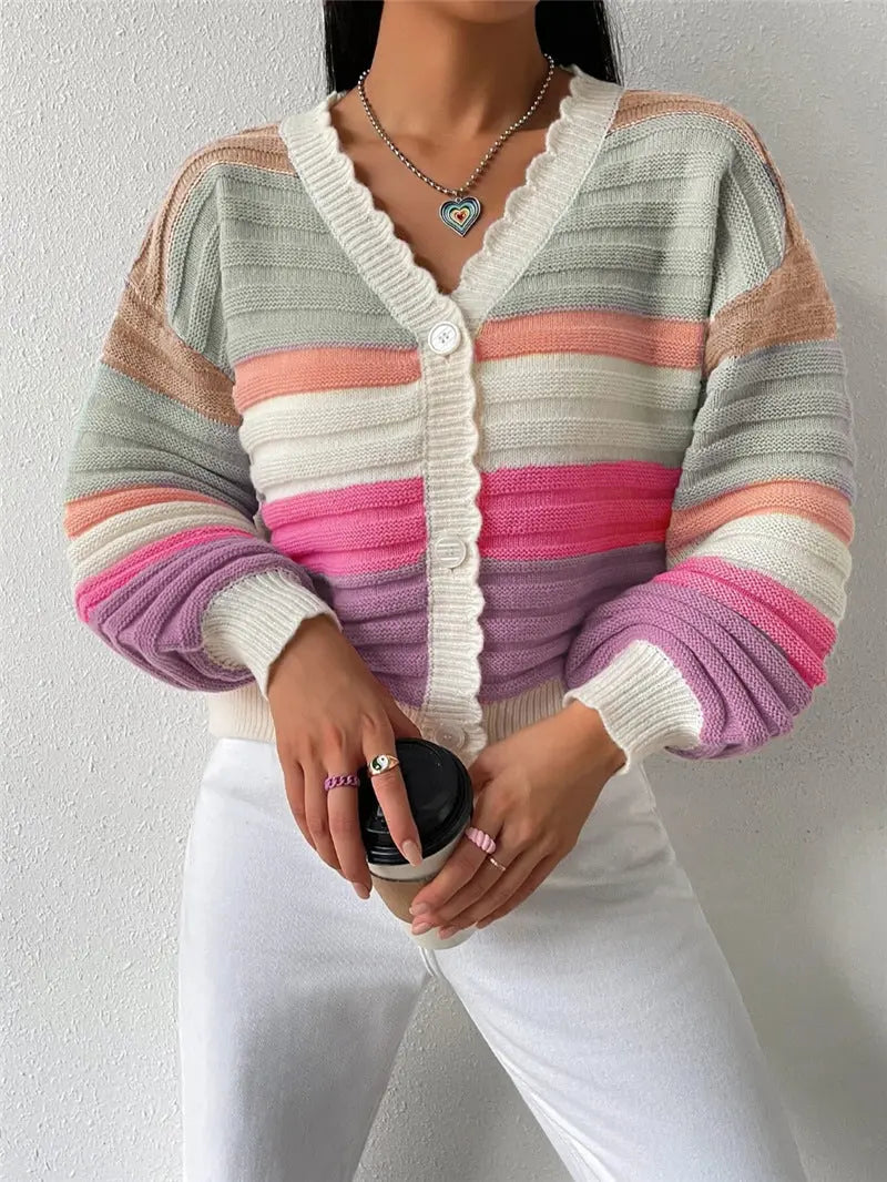 Knitted Cardigan Colorblock Sweater Coat Women's Rainbow Striped Lantern Sleeve Nipaaj