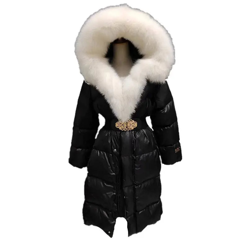 Extended Black Golden Lock Warm Real Fox Fur Big Fur Collar Duck Down Down Jacket null