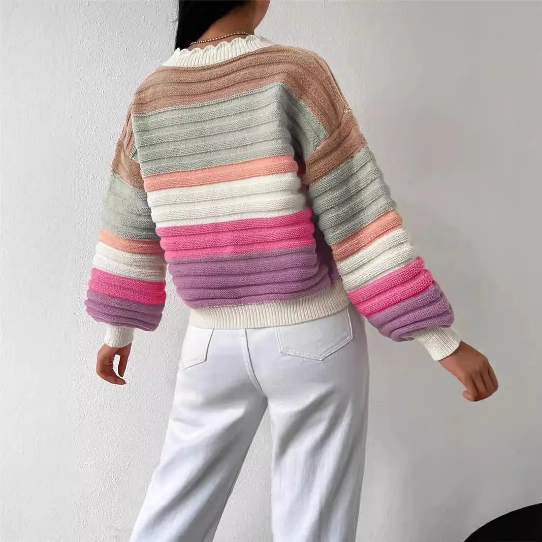 Knitted Cardigan Colorblock Sweater Coat Women's Rainbow Striped Lantern Sleeve Nipaaj