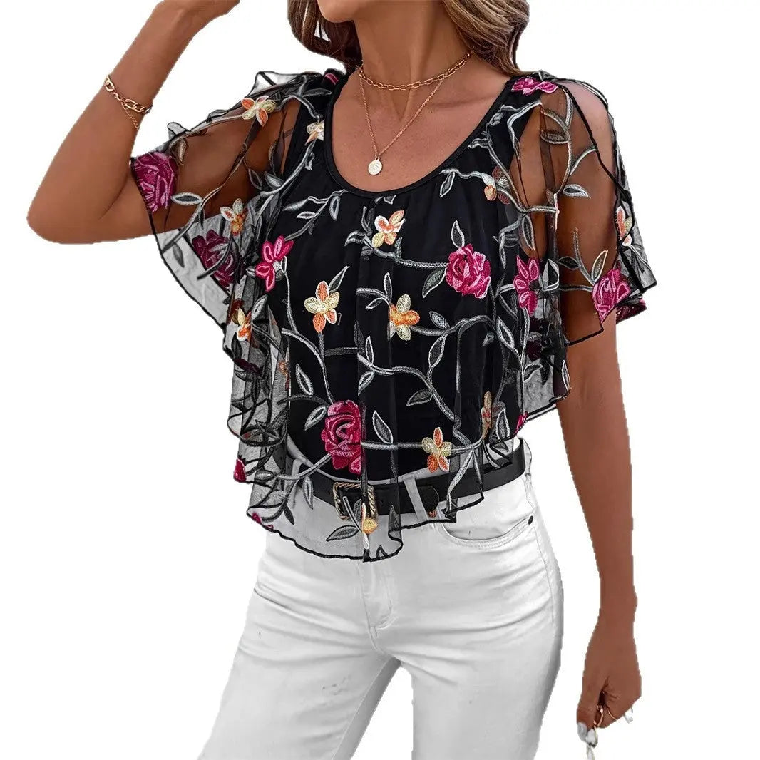 Women's Fashion Top Mesh Stitching Short Sleeve null