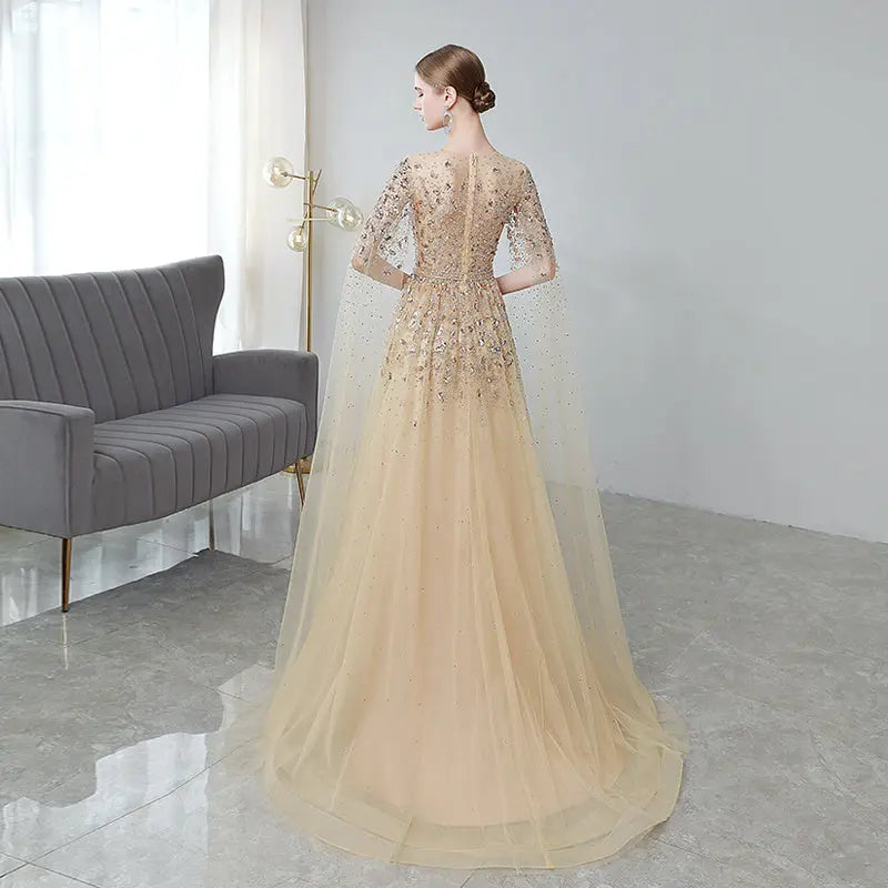 Gold High End Flying Sleeve Long Evening Dress Nipaaj