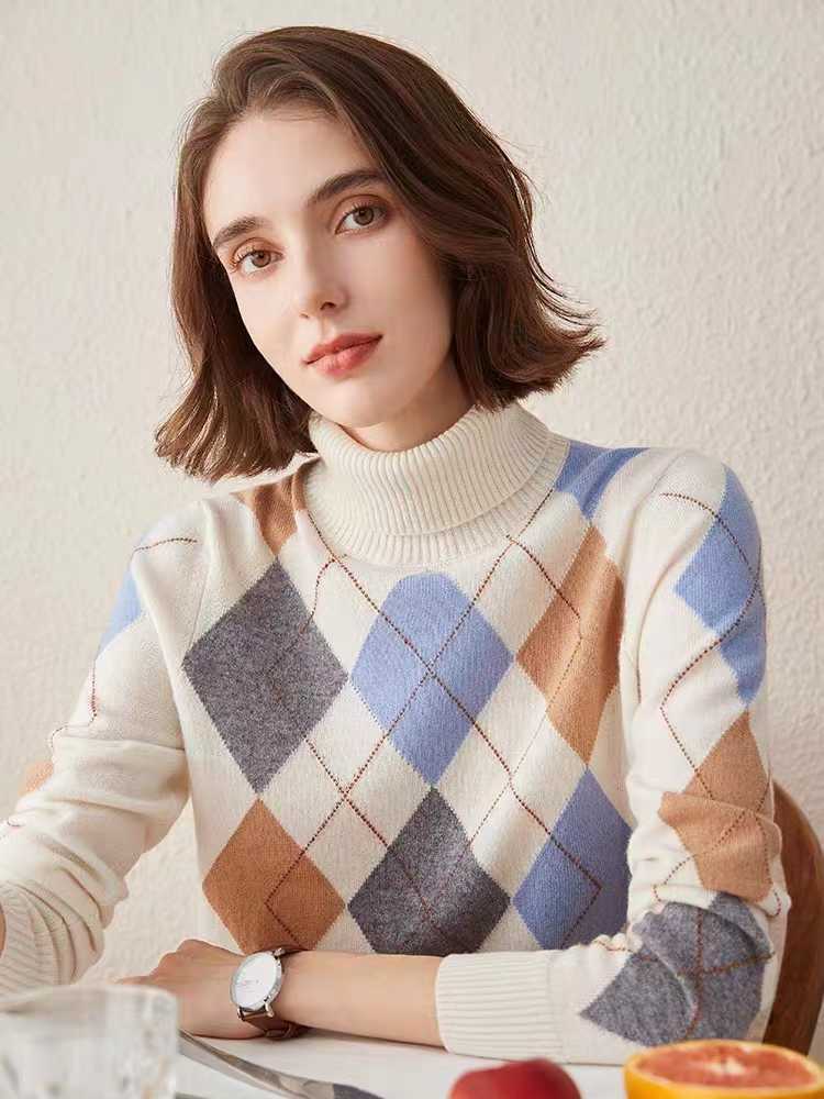 Vintage Diamond Lattice Pure Cashmere High Lapel Inlay Knitted Sweater Nipaaj