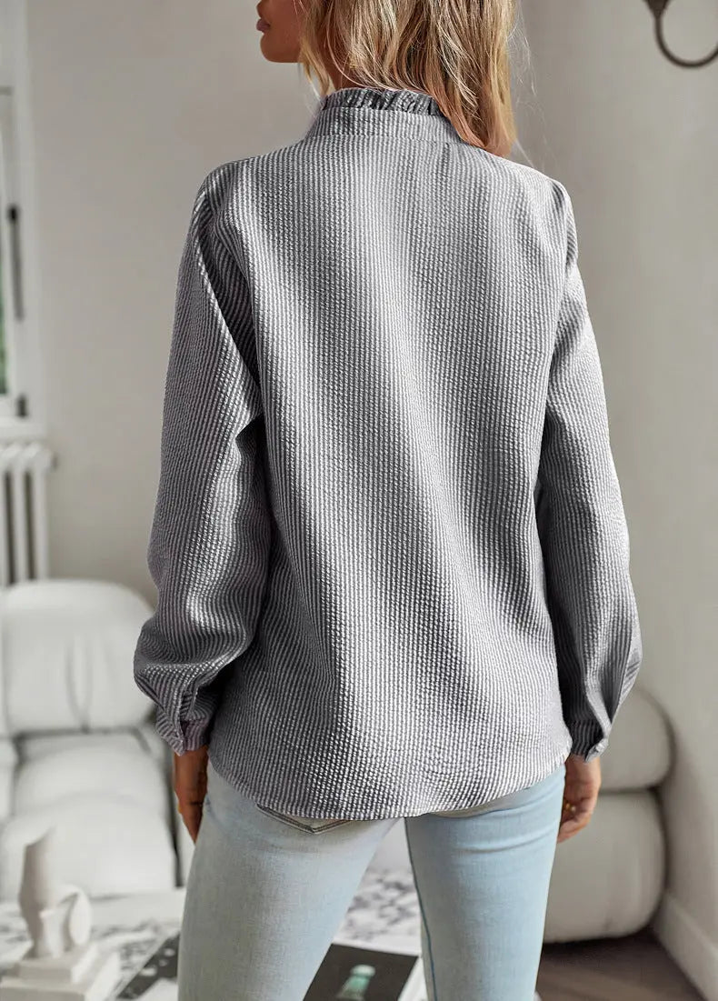 Striped Long Sleeve Shirt Fashion Ruffle Design Button Up Tops Casual Office Blouse Elegant Commuting Women's Clothing null
