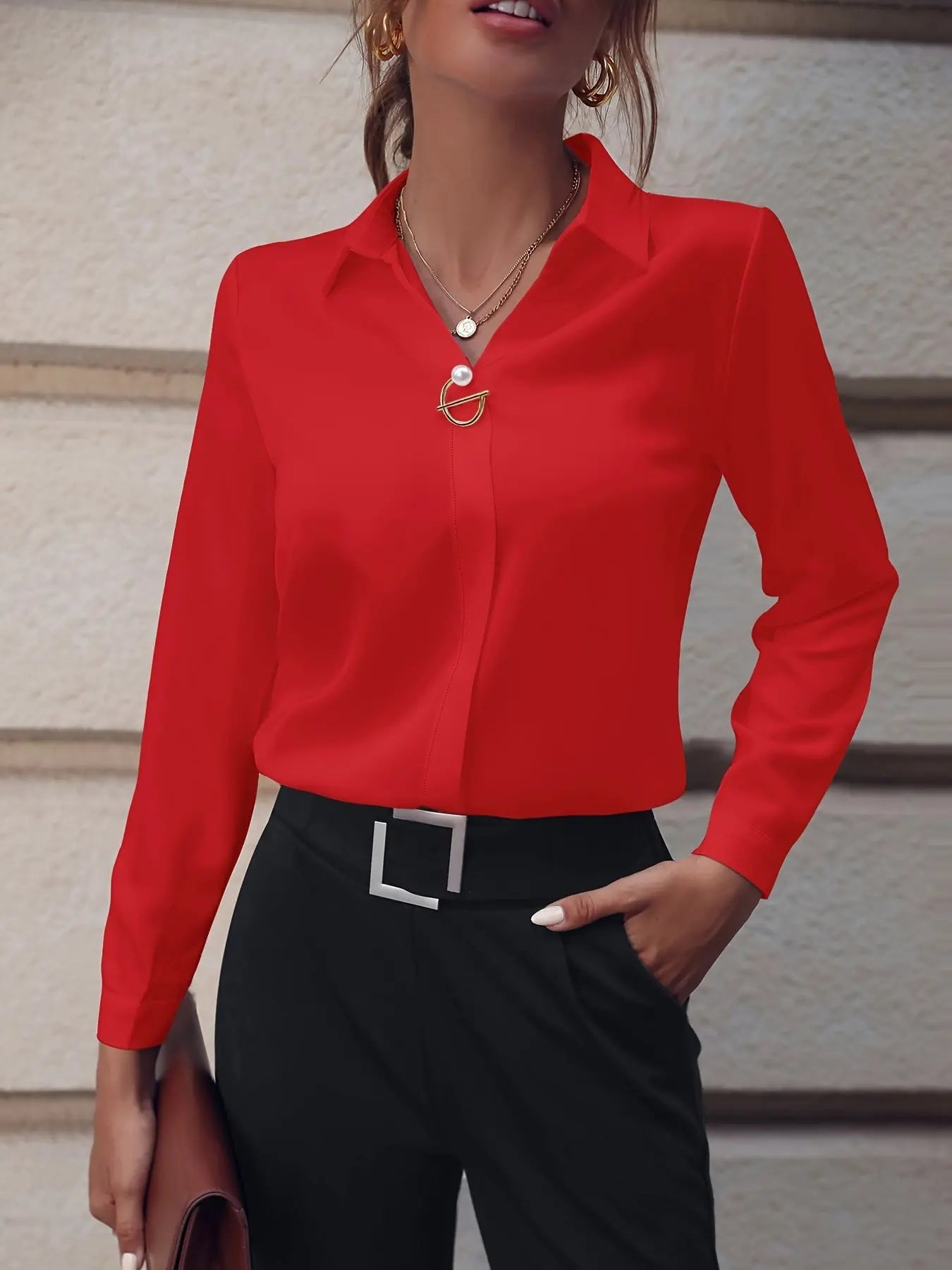 Commuter Women's Shirt Versatile Simple Solid Color Long Sleeve Mid-length Plus Size null