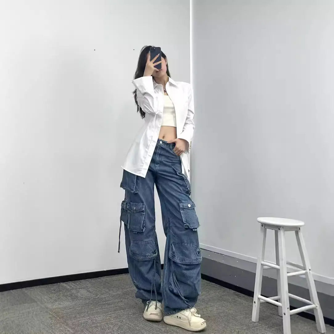 Women's Wide-leg Jeans With Multiple Pockets Nipaaj
