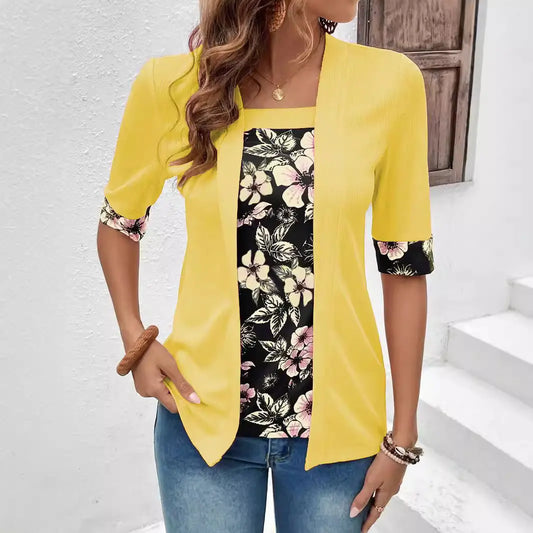 Women's Fake Two-piece Five-quarter Sleeve Printed Top T-shirt Nipaaj