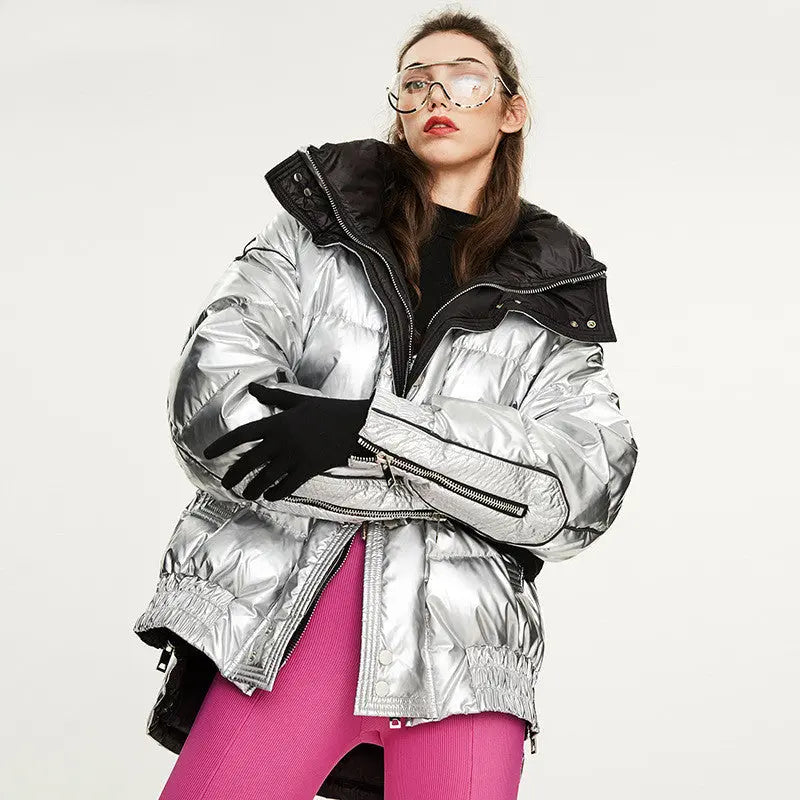Couples Laser Glossy Thickened Loose Mid Length Down Jacket null
