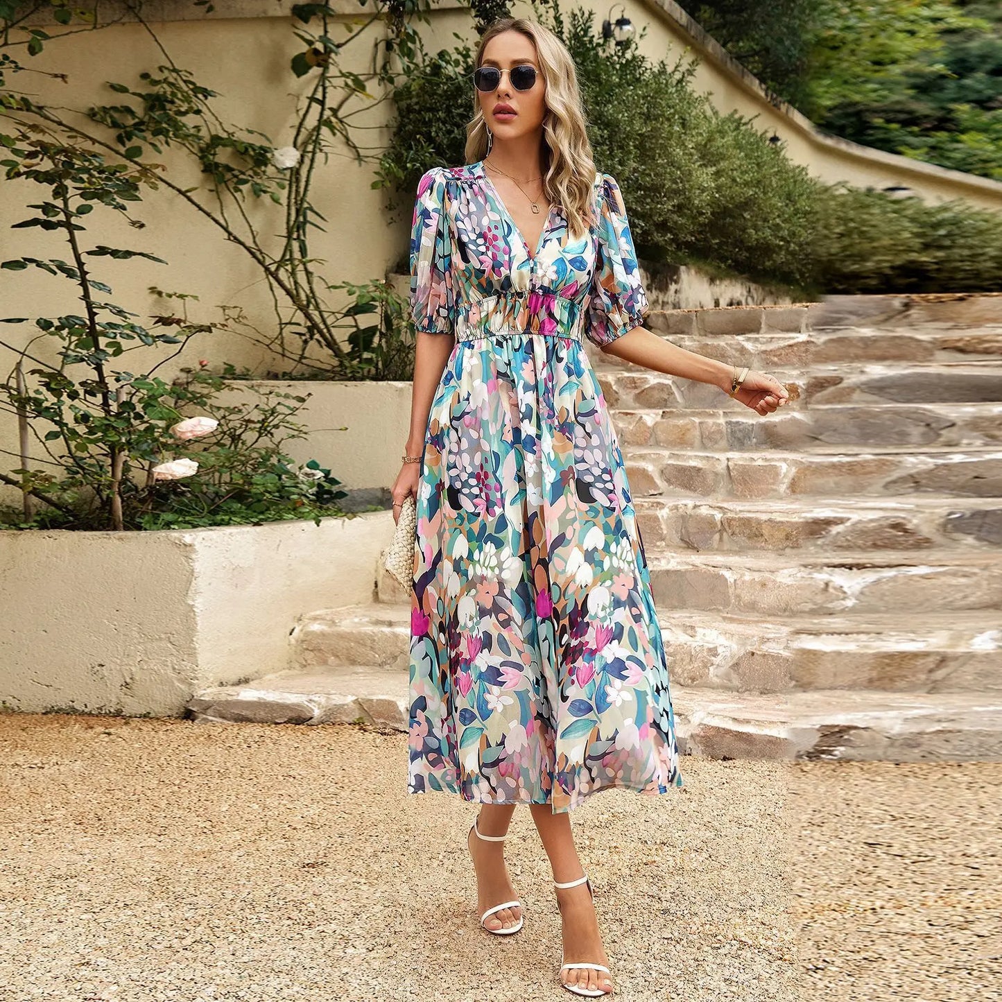 New V-neck Printed Short-sleeved Long Dress Summer Fashion Slim Seaside Vacation Beach Dresses For Women Clothing null