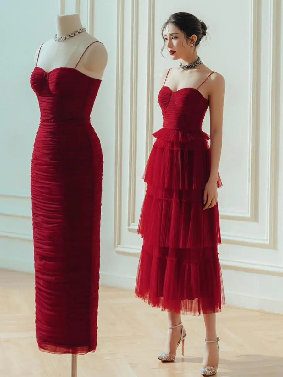 Suspender Spread Chest Temperament Dark Red Flowing Small Dress Long Skirt Nipaaj