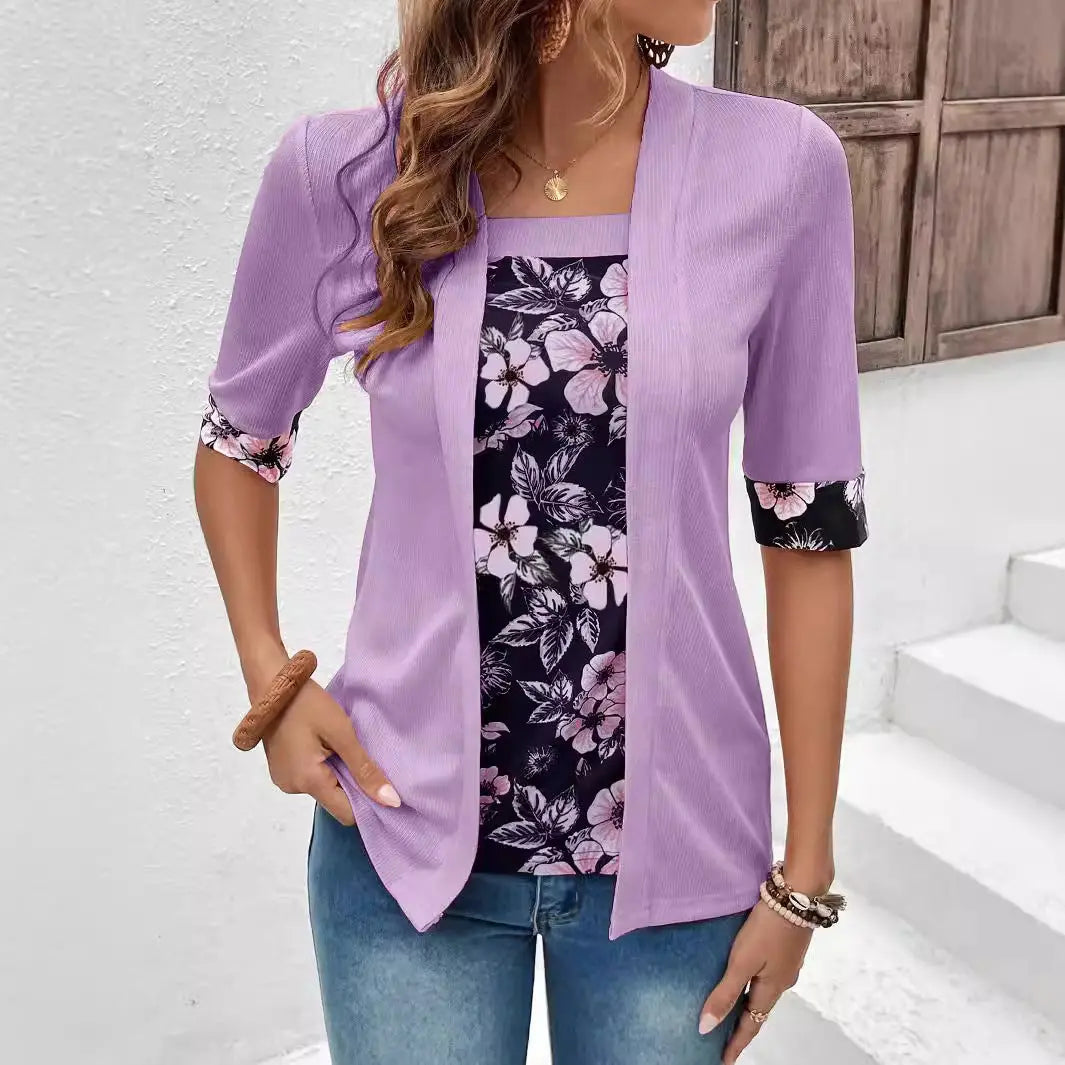 Women's Fake Two-piece Five-quarter Sleeve Printed Top T-shirt Nipaaj