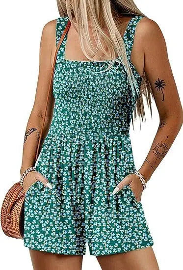 Flower Print Shorts Jumpsuit Summer Fashion Sleeveless Beach Bodysuit null